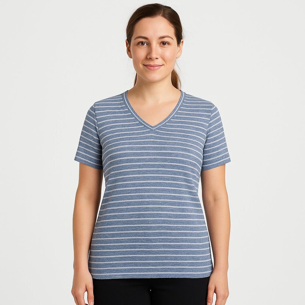 Caara Blue White Striped Linen Tee Shirt Few Moda NWT Size Small